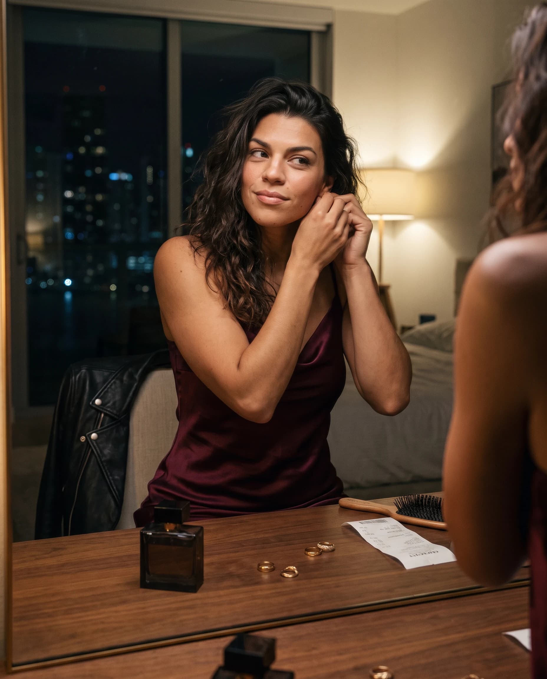 Lucia in a burgundy slip dress adjusting her earrings at a warmly lit vanity