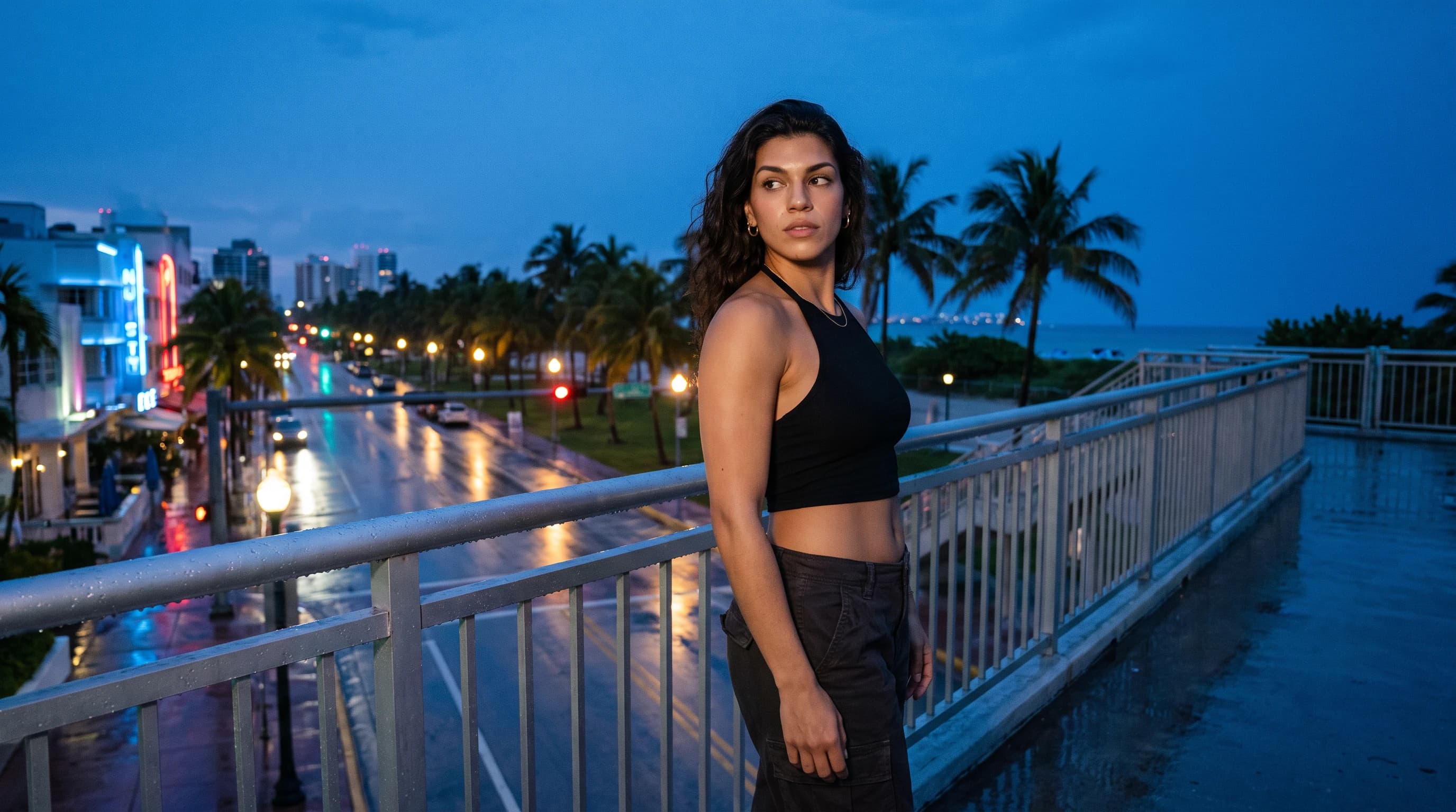 Lucia in a black crop top on an elevated walkway above a wet boulevard at blue hour