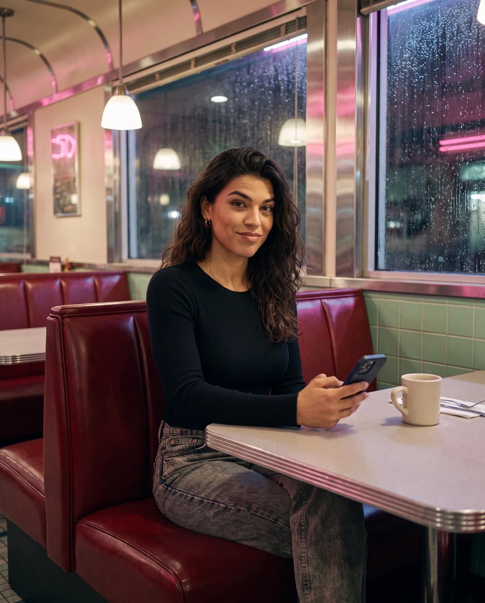 Lucia holding her phone beside a coffee cup in a pink diner booth at night