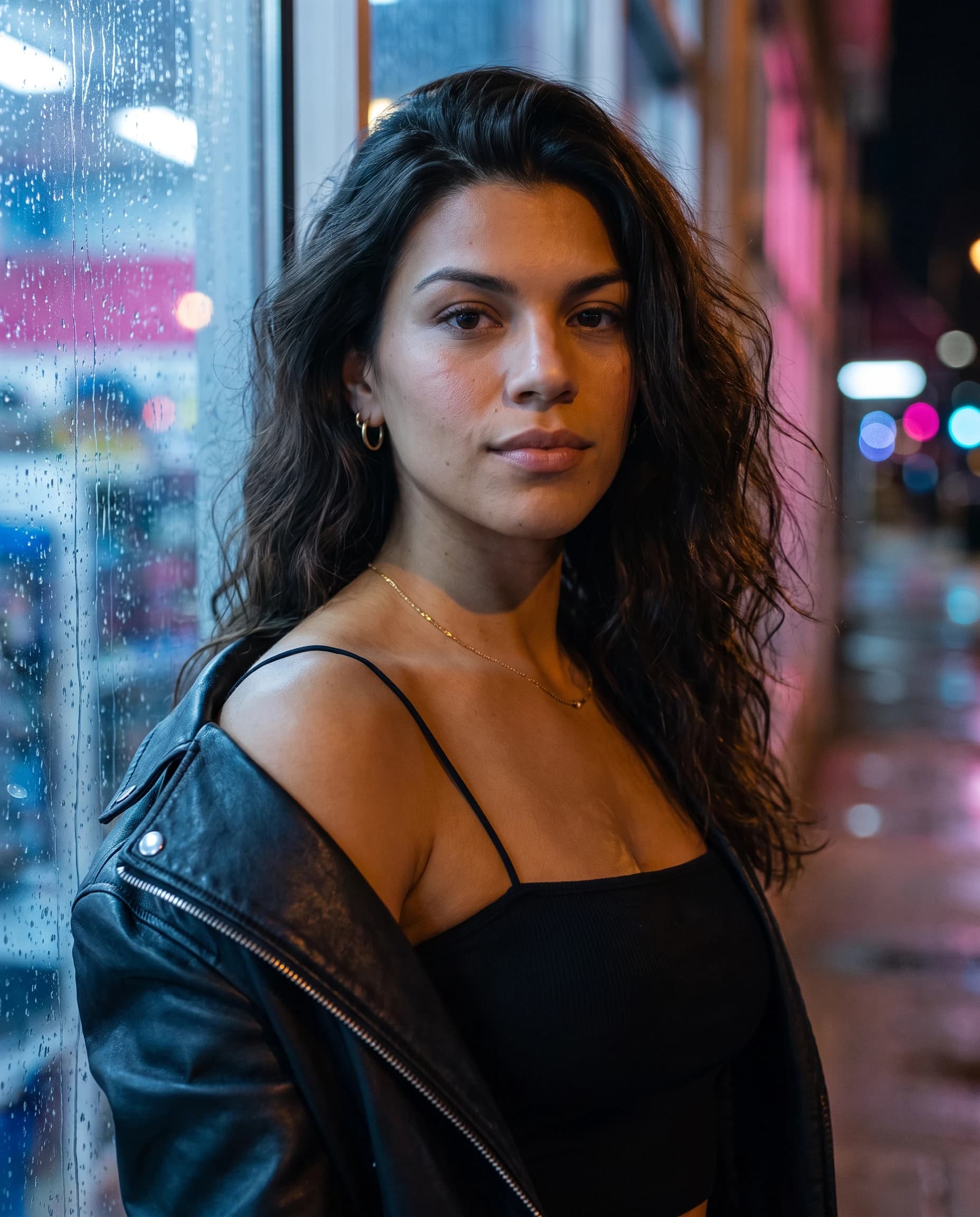 Lucia in a black leather jacket beside a rain-speckled storefront at night