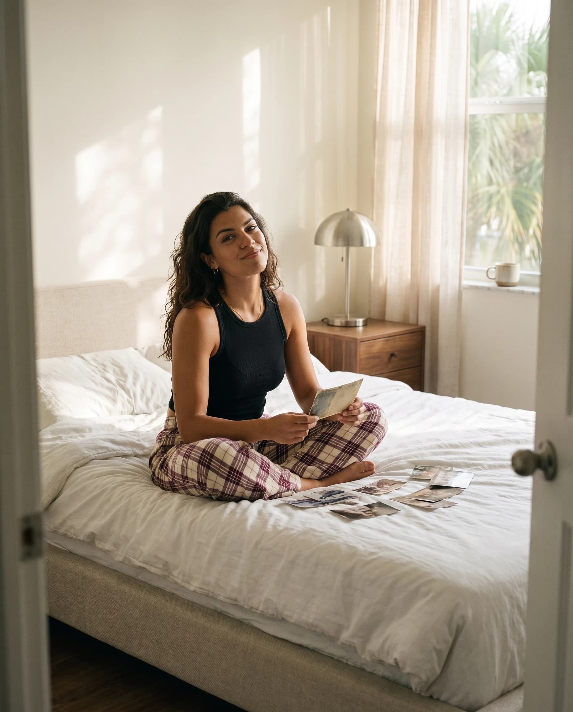 Lucia in a black tank and plaid pajama trousers sitting on a bed in a sunlit bedroom