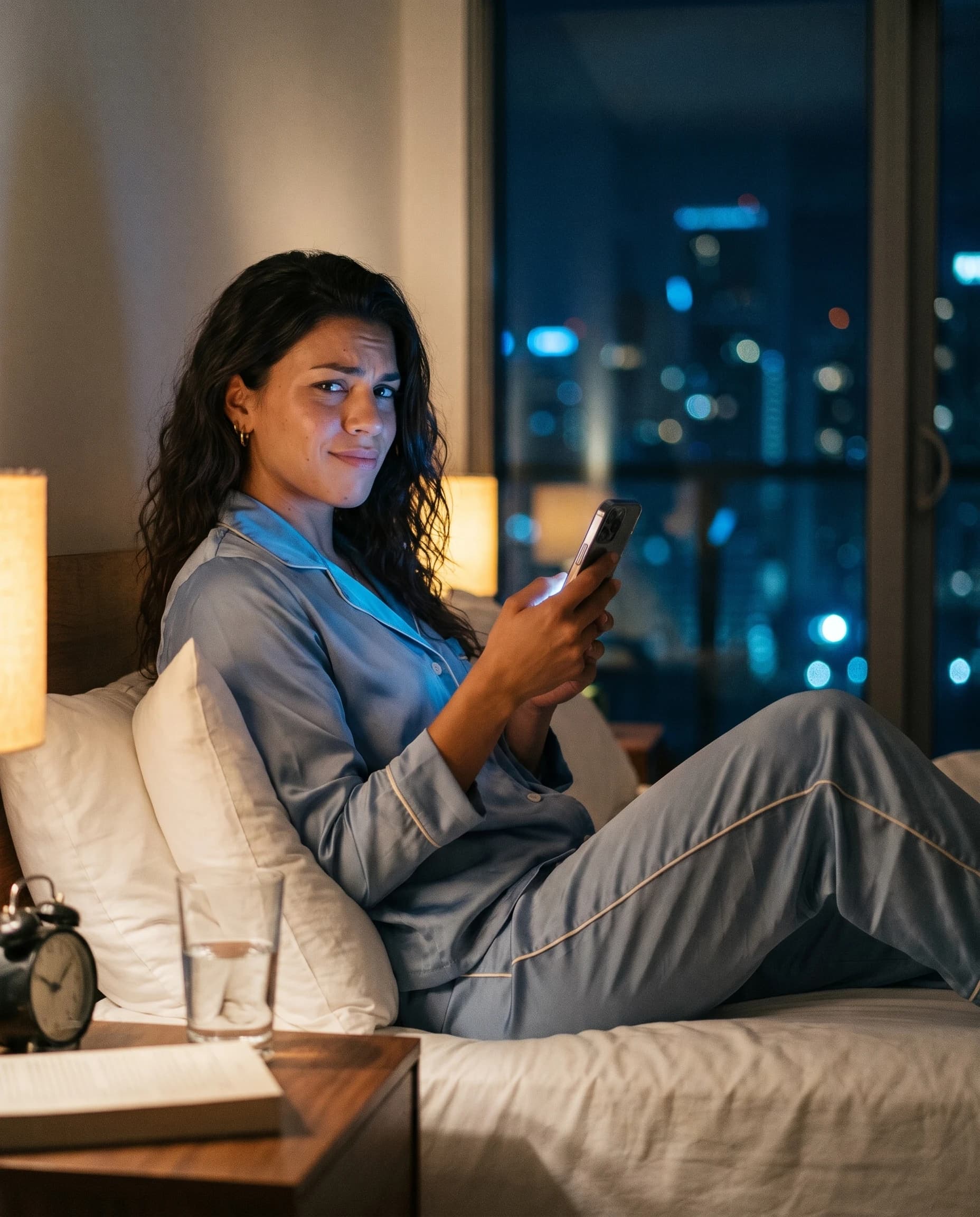 Lucia in blue satin pajamas holding her phone on a bed beside nighttime city lights