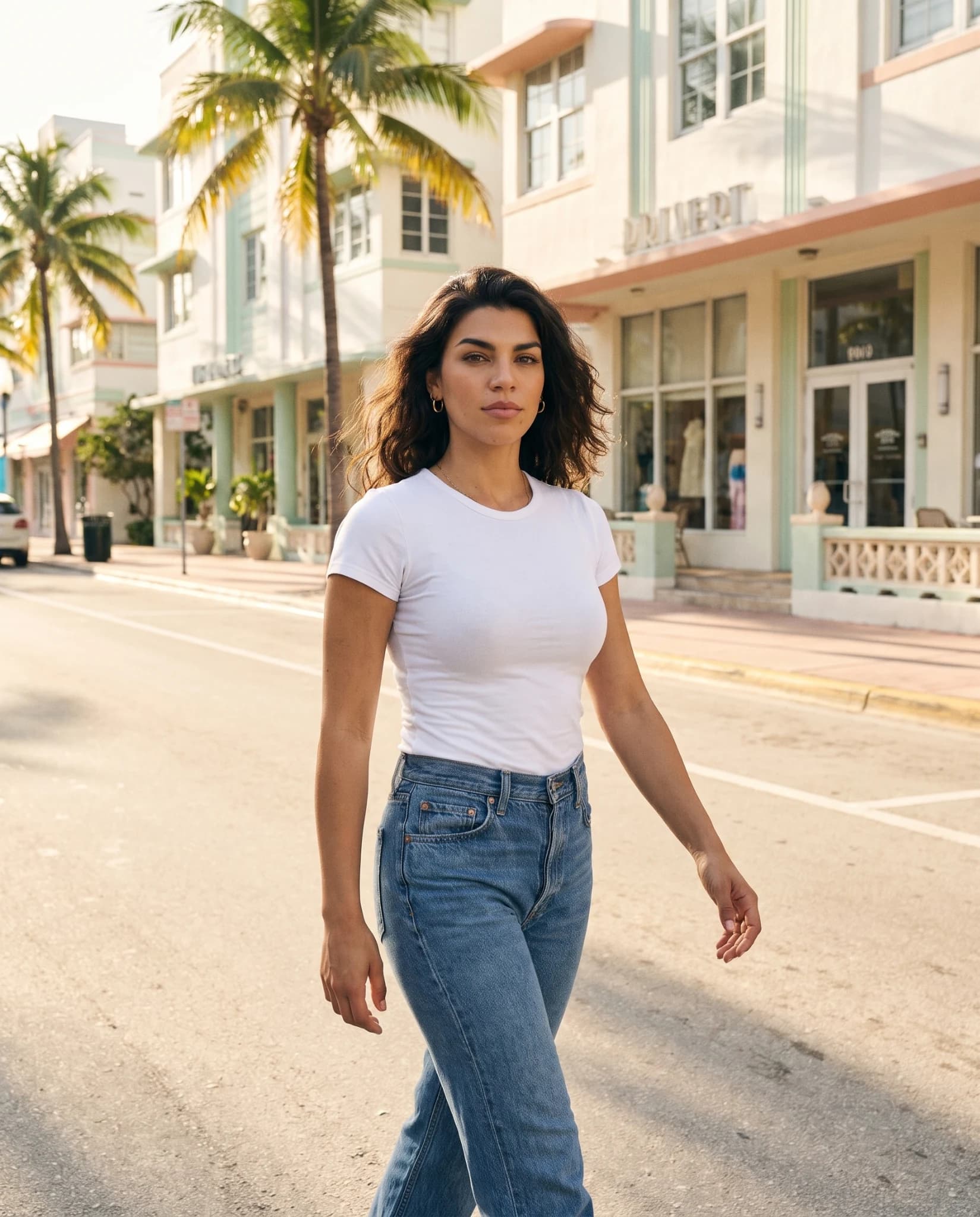 Lucia walking along a palm-lined street in a white T-shirt and jeans