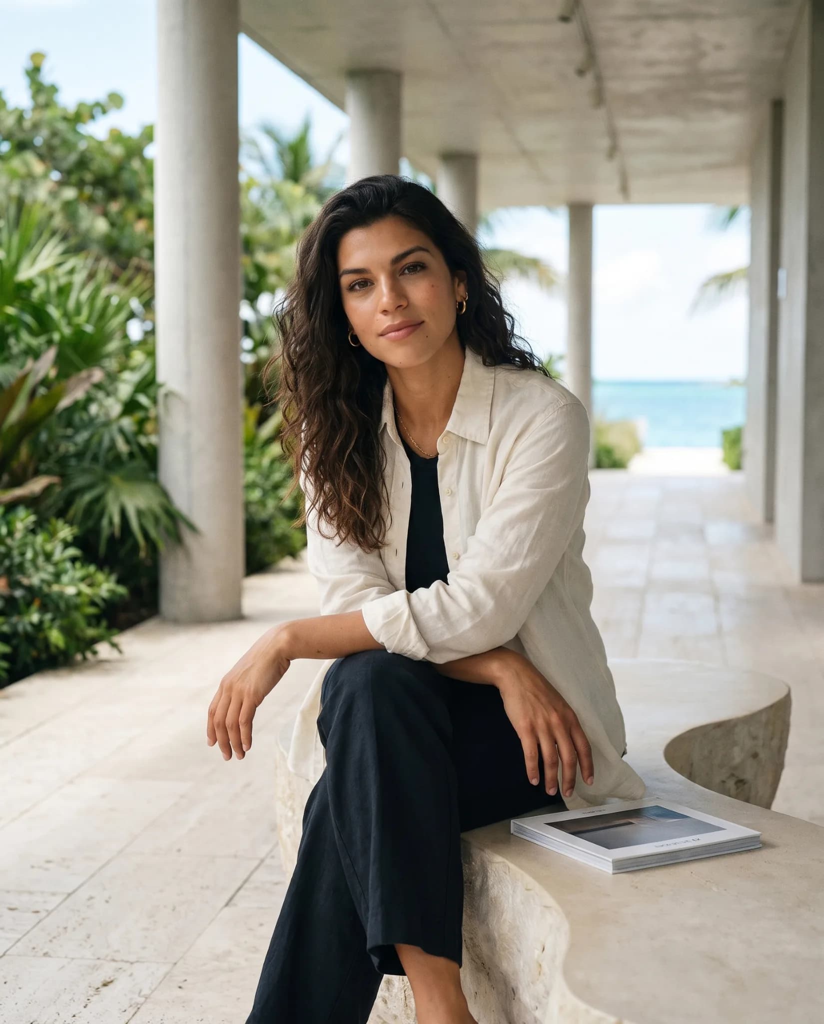 Lucia sitting on a limestone bench in an open-air coastal architectural setting