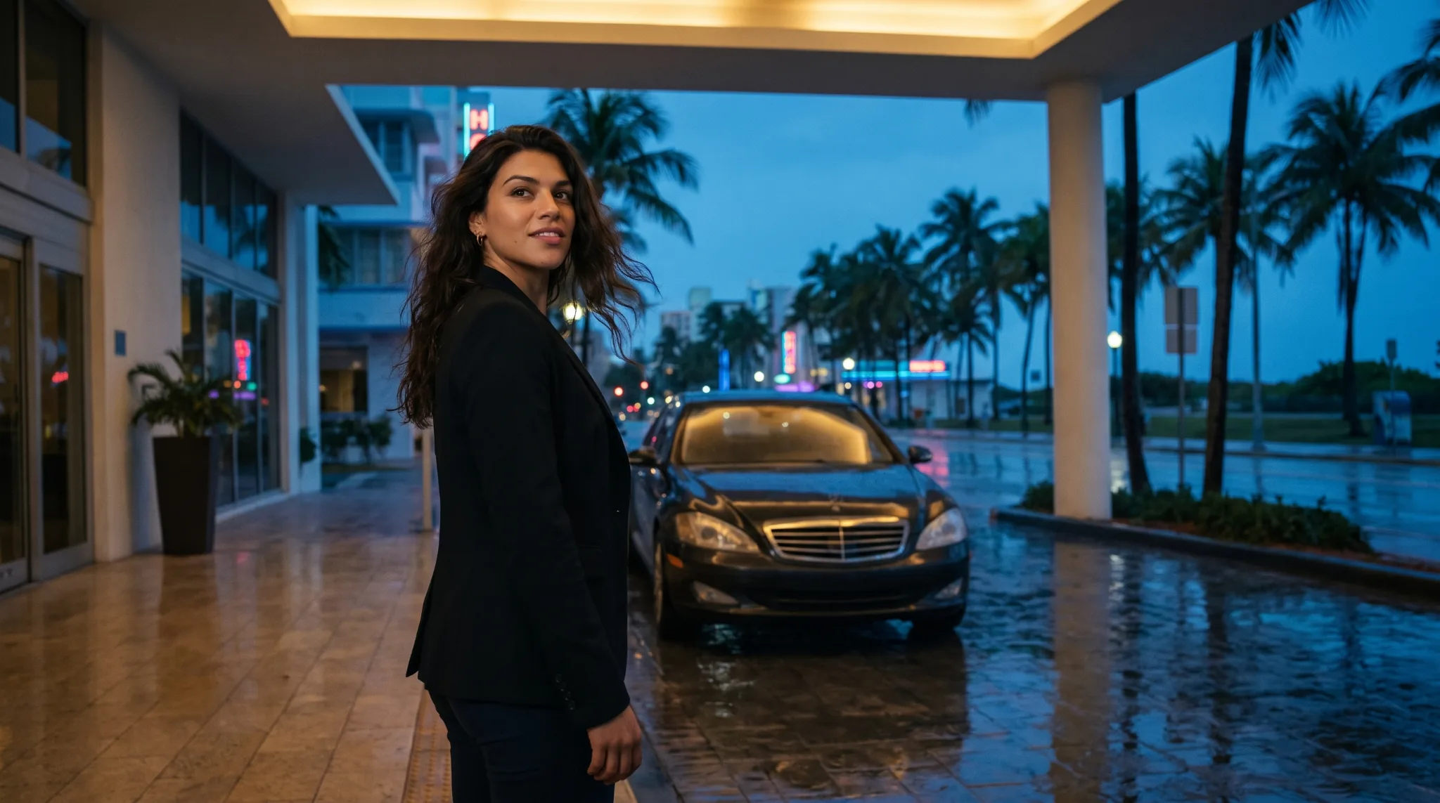Lucia looking back toward the camera outside a hotel at blue hour after rain
