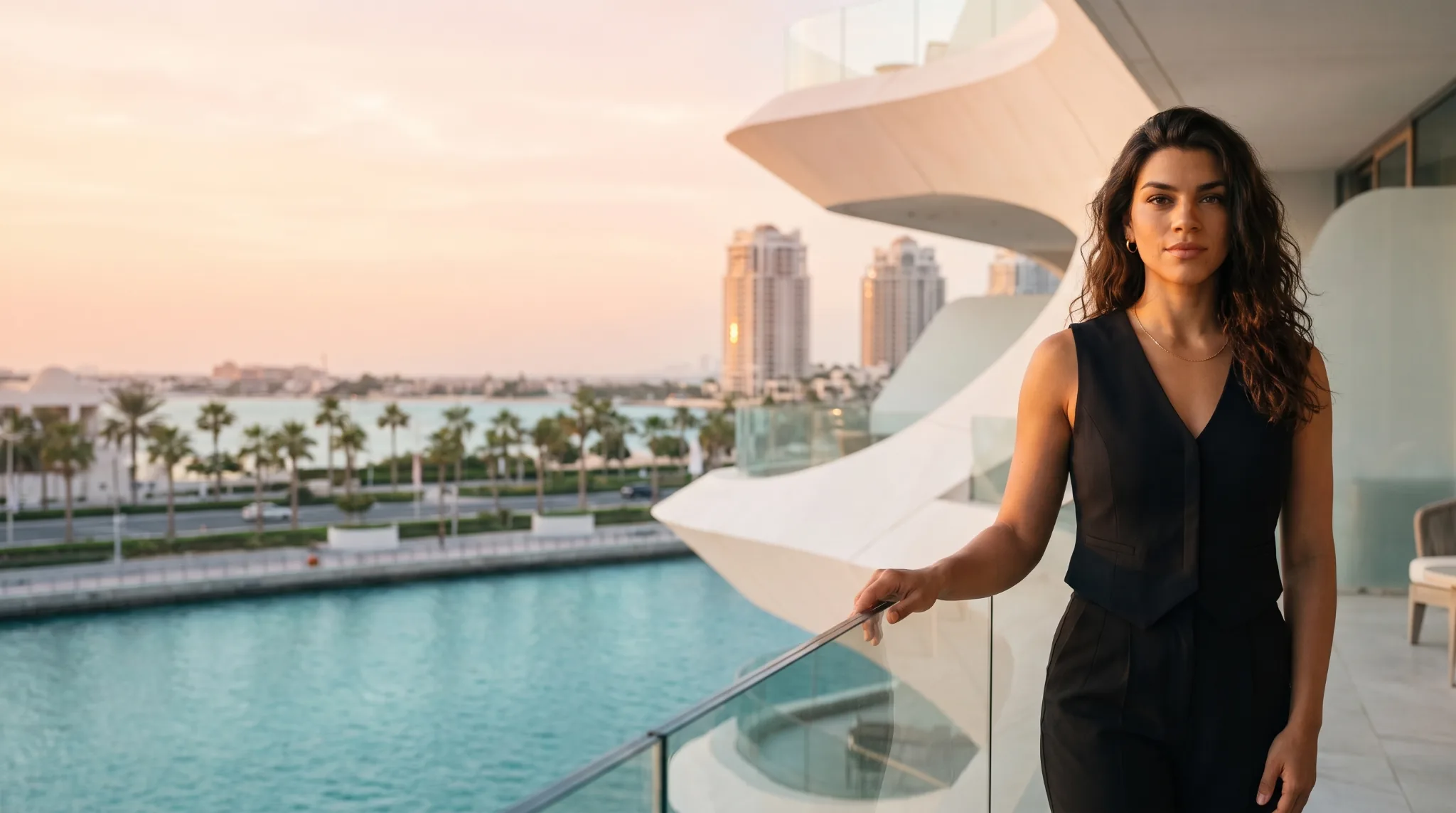 Lucia at sunset on a modern waterfront terrace overlooking Vice City; wide left-side negative space