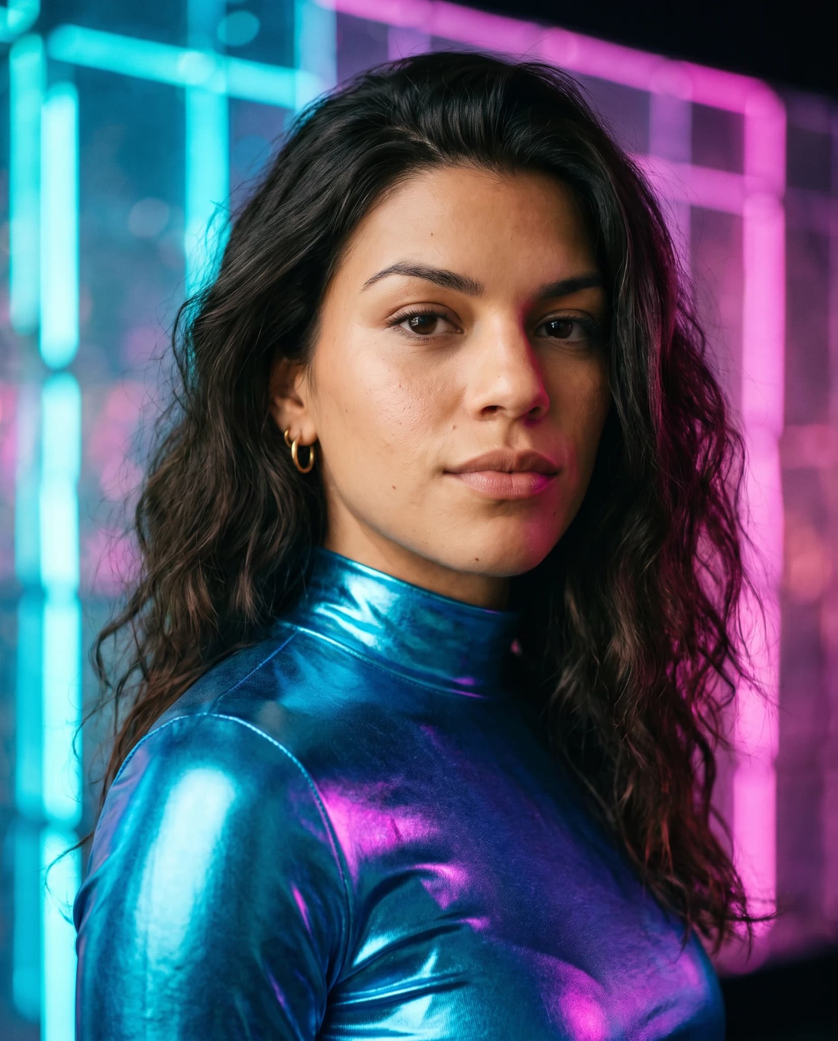 Close editorial portrait of Lucia wearing an electric-blue metallic top against cyan and pink lights.