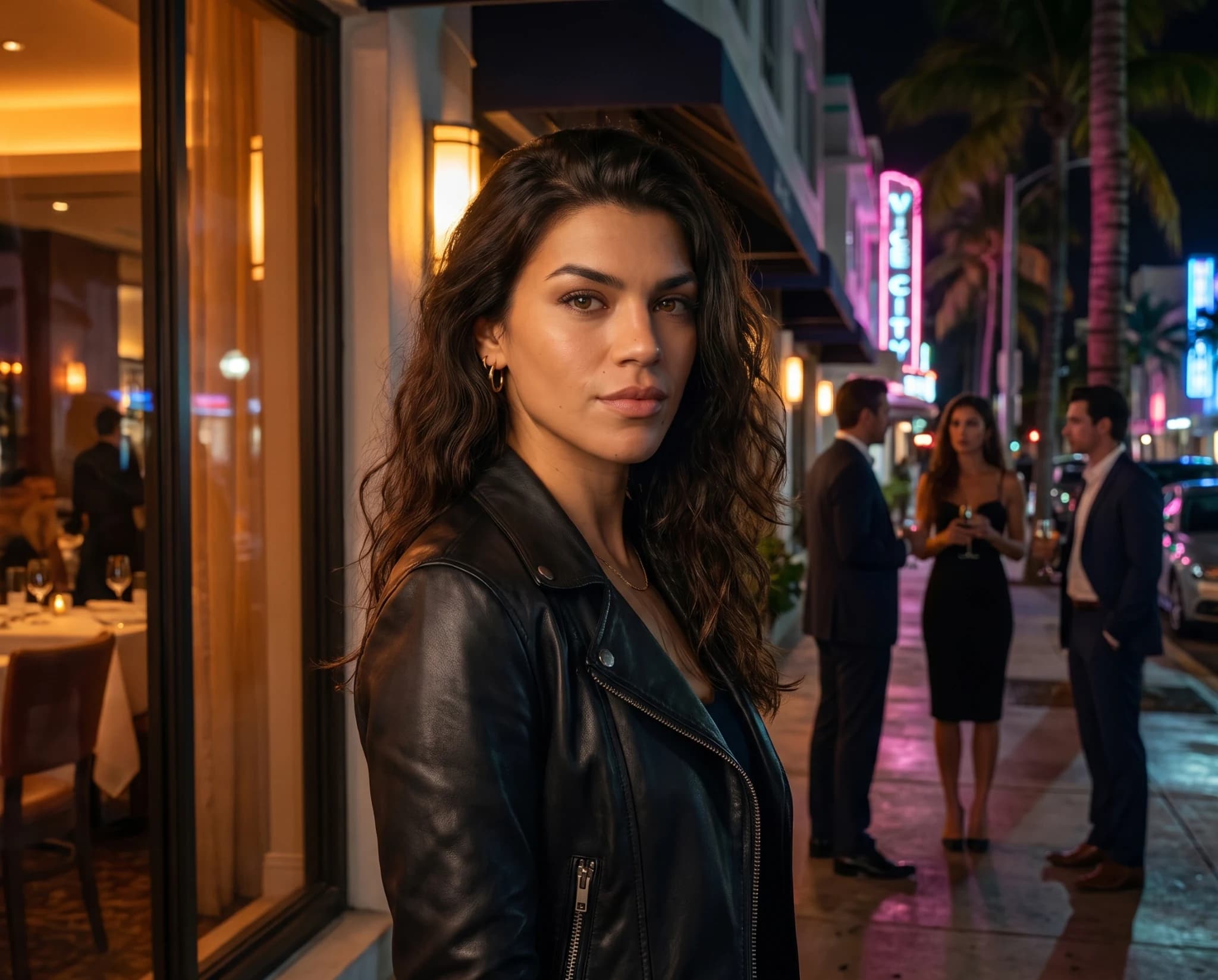 Lucia in a leather jacket on a city street at night