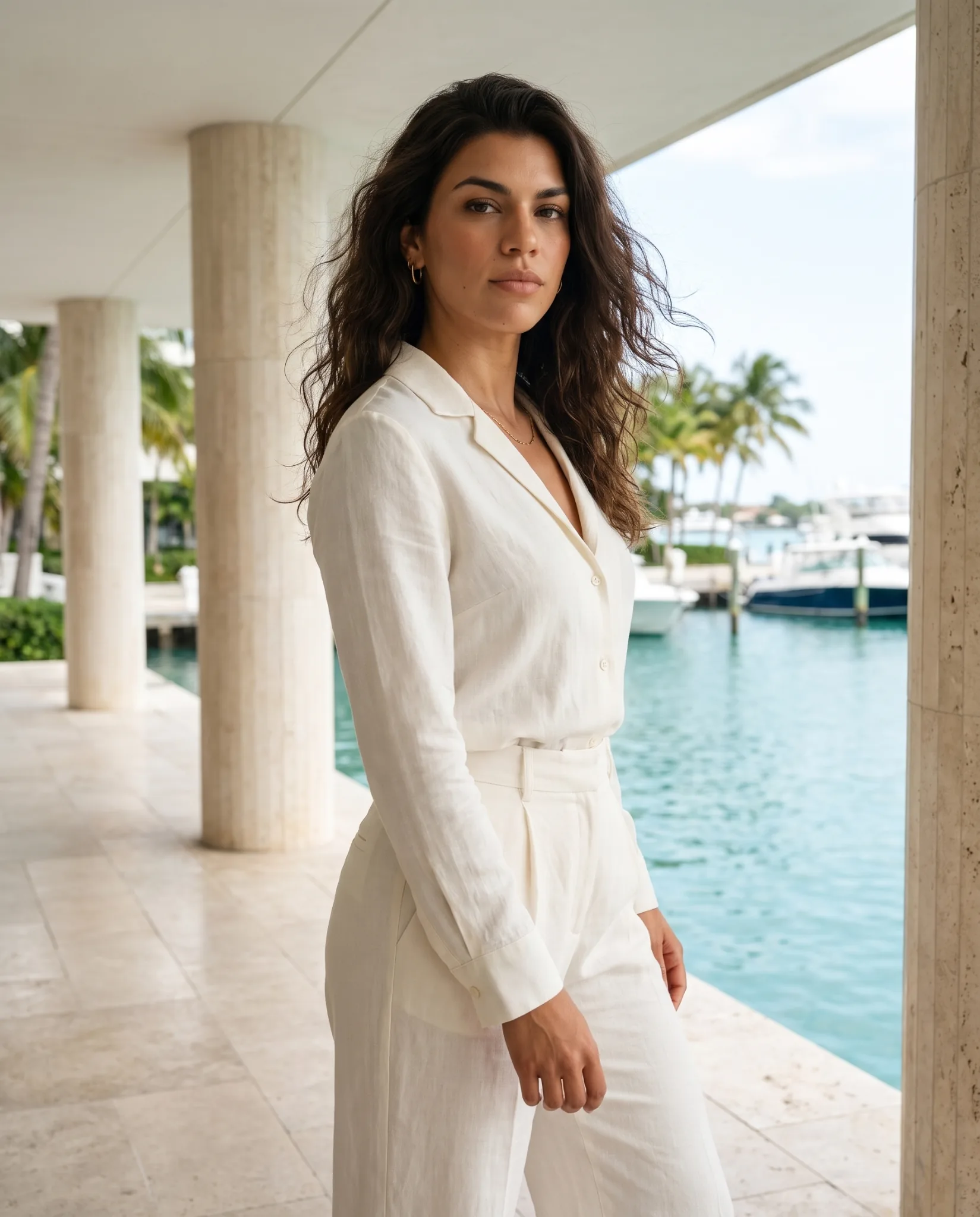 Lucia in an ivory linen outfit near a tropical waterfront marina