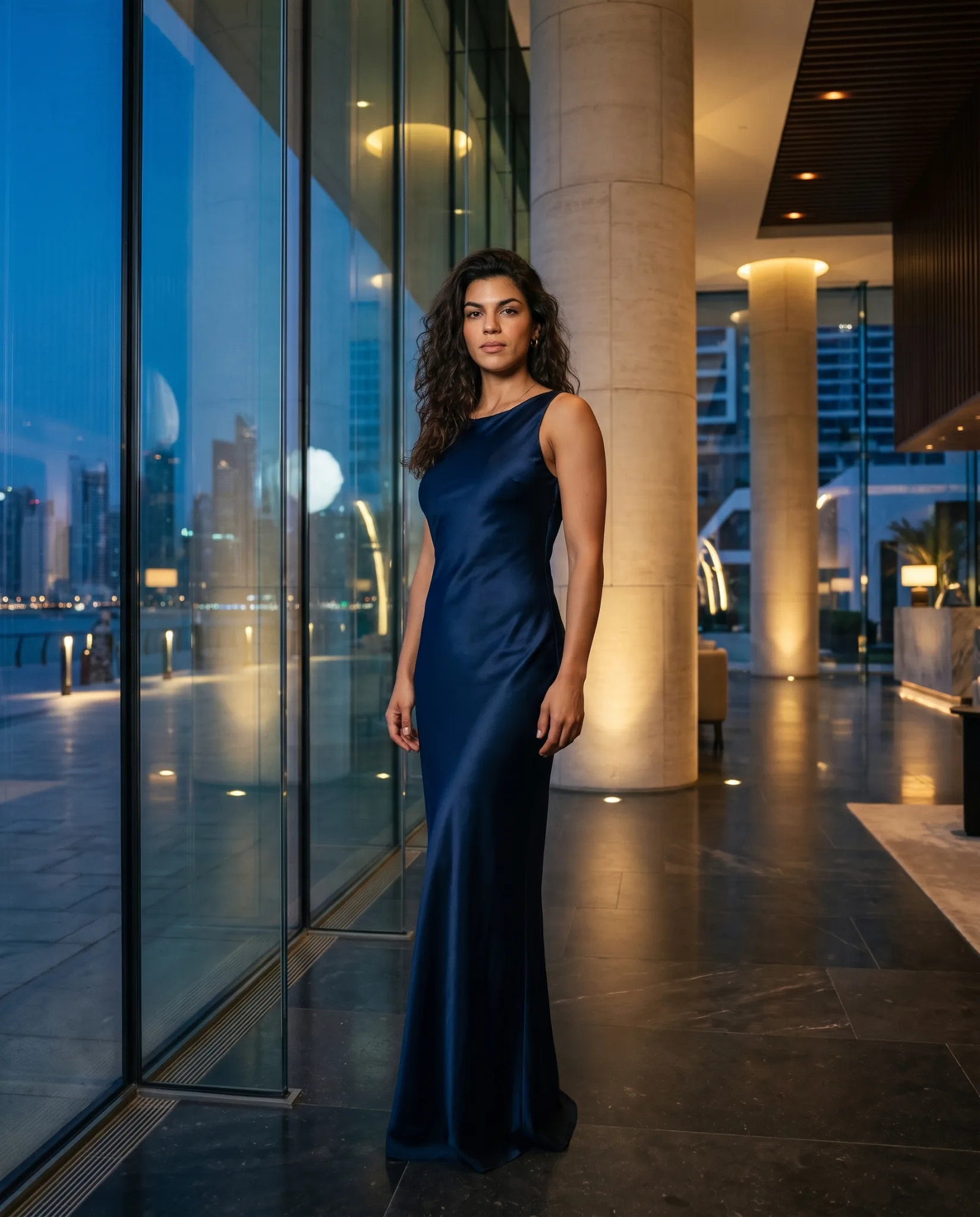 Lucia in a midnight-blue evening dress beside floor-to-ceiling hotel windows